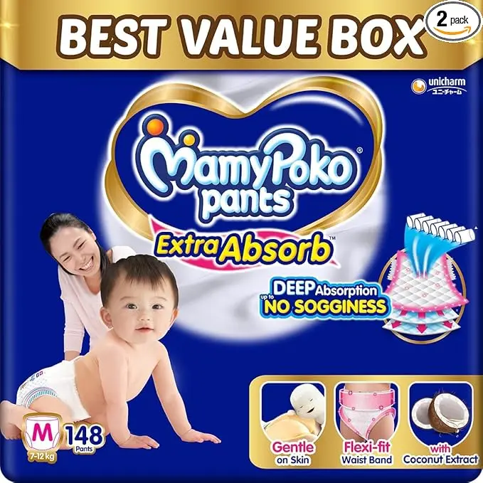 MamyPoko Pants Extra Absorb Baby Diapers, Medium (M size) | 7-12 kg | 148 Count