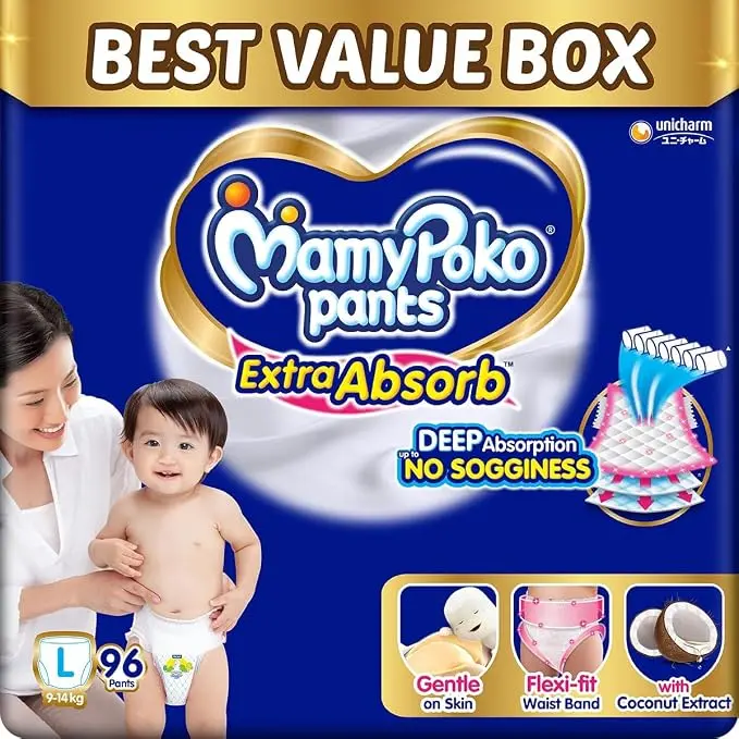 MamyPoko Pants Extra Absorb Baby Diapers, Large (L size) | 9-14 kg | 128 Count |Deep Sleep Diapers| Soft gentle fit |Deep Absorbent Crisscross | skin friendly with coconut oil | (64 count, Pack of 2)