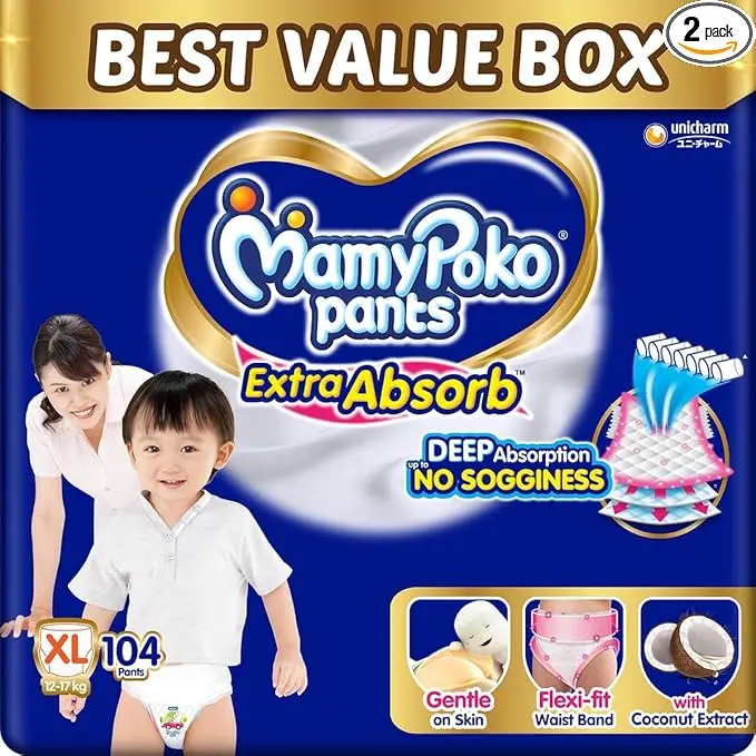 MamyPoko Pants Extra Absorb Baby Diapers, Extra Large (XL size) 12-17 kg 104 Count