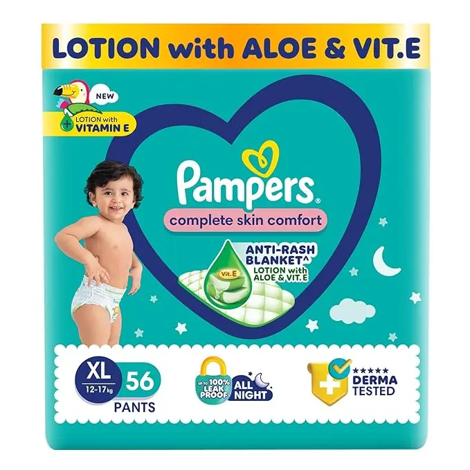 Pampers Complete Skin Comfort Pants, (XL) 56 Count, Anti-rash blanket, Lotion with Vitamin E & Aloe Vera, Extra Large size baby diapers, 12-17kg