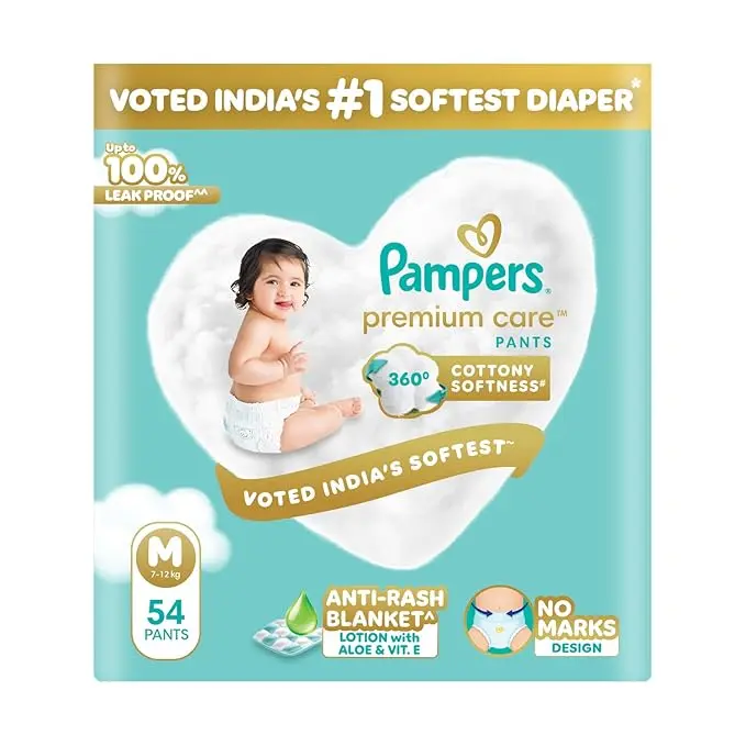Pampers Premium Care Pant Style Baby Diapers M 54 Count | No Marks Design | Voted India’s #1 Softest Diaper | All in 1 diaper with 360 Cottony Softness