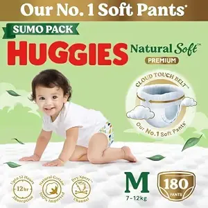 Huggies Natural Soft Premium Baby Diaper Pants, Our No.1 Soft Pants, Medium (M) Size (7-12 Kgs), Sumo Pack of 180 Diapers|Cloud Softness All over with India's 1st Cloud Touch BeltTM (60 Count, Po 3)