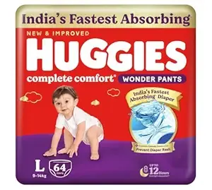 Huggies Complete Comfort Wonder Pants | Pant Style Baby Diapers Large Size (L), 64 Count | India's Fastest Absorbing Diaper, Prevents Diaper Rash, Ideal for 9 to 14 Kgs