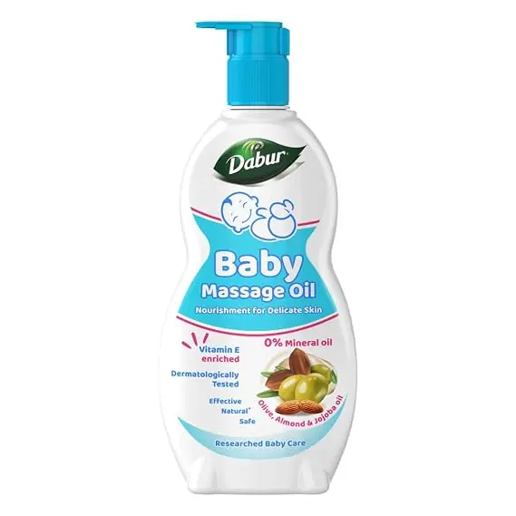 Dabur Baby Oil: Non - Sticky Baby Massage Oil with No Harmful Chemicals |Contains Jojoba , Olives & Almonds | Hypoallergenic & Dermatologically Tested with No Paraben & Phthalates - 500 ml