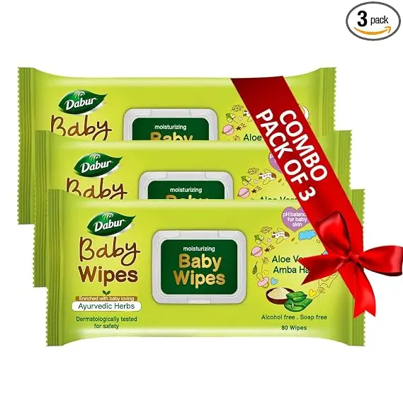 Dabur Baby Wipes - with Moisture Lock Cap , Contains Aloe Vera & Amba Haldi , pH balanced with No Parabens & Phthalates - 80 Wipes X Pack of 3