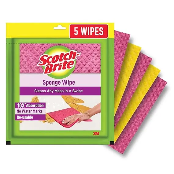 Scotch-Brite Sponge Wipes- Reusable, Kitchen and House Cleaning- Easy to use, Cleans any mess in a swipe, Absorbs water its own 10x weight, Multi- color, Biodegradable (pack of 5)