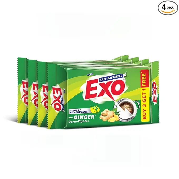 Exo Dishwash Bar, 360gm (90gm X (3 + 1 Bar Free) | Complete Dishwashing Solution With Anti-Bacterial Efficacy & Goodness of Ginger Remove Tough Grime Stains | Experience Hygienic & Superior Cleaning