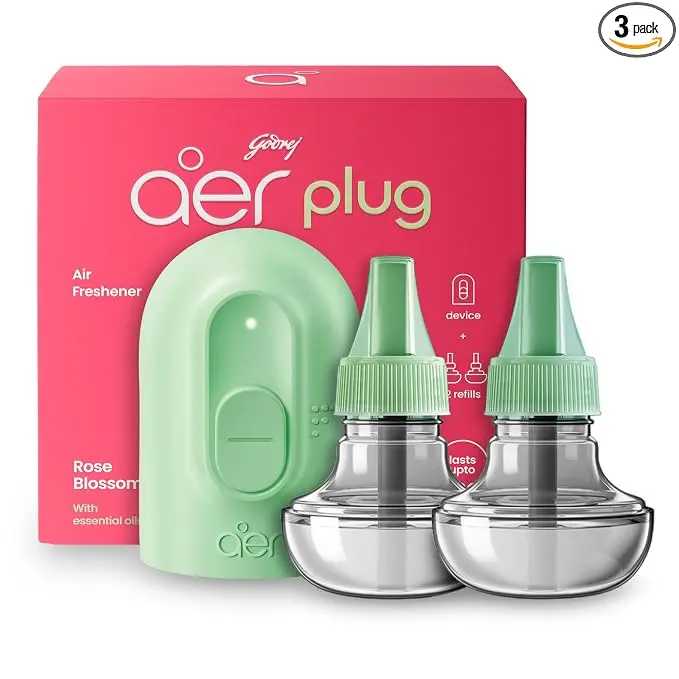 Godrej aer Plug Electric Air Freshener (Machine + 2 Refills (25ml each) | Rose Blossom | Lasts up to 120 days