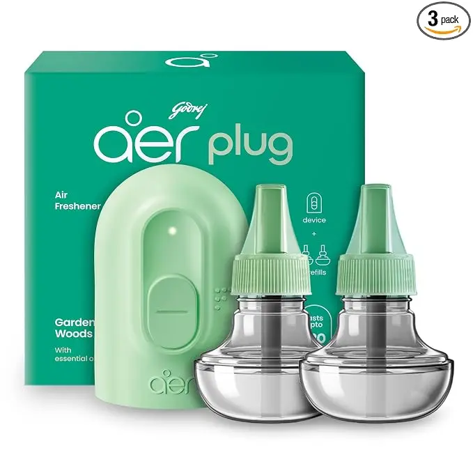 Godrej aer Plug Electric Air Freshener (Machine + 2 Refills (25ml each) | Garden Woods | Lasts up to 120 days
