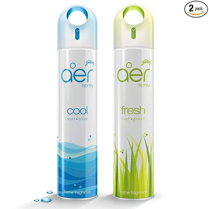 Godrej aer spray, Air Freshener for Home & Office - Cool Surf Blue & Fresh Lush Green | Long-Lasting Fragrance | Pack of 2 (240 ml each)