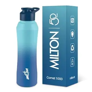 MILTON Comet 1000 ISI Certified Stainless Steel Water Bottle I Leak Proof I Rust proof I Single Walled I Ideal for Office, School, Home, Gym, 1000 ml, Light Blue & Dark Blue