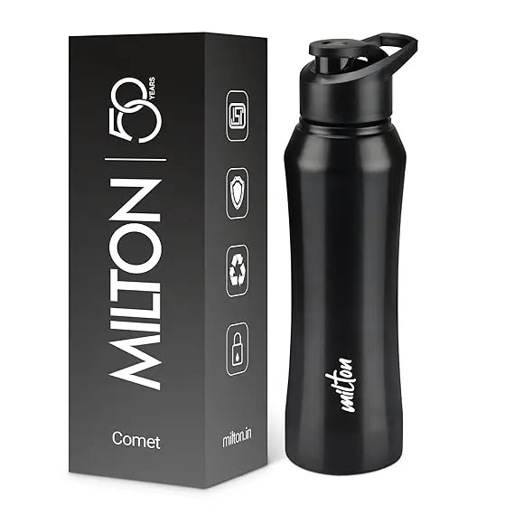 MILTON Comet 1000 Stainless Steel Water Bottle 1000 ml, Single Walled, ISI Certified I Leak Proof Lid, Rust Proof I For School, Office, Gym I Black
