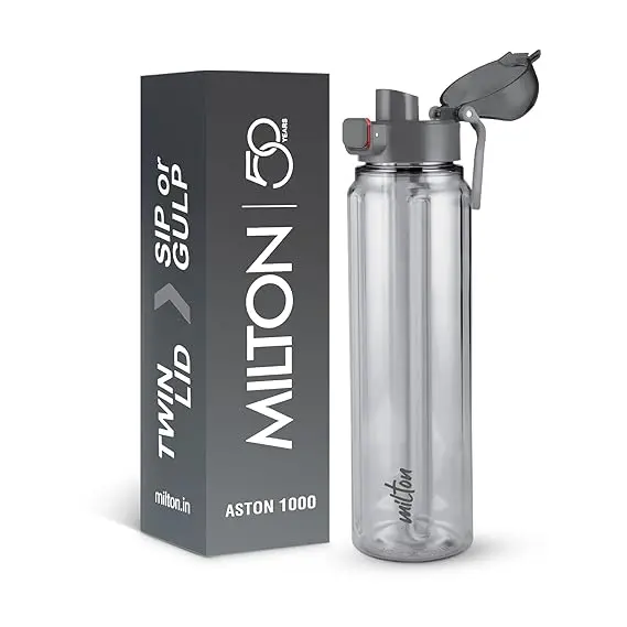 MILTON Aston 1000 BPA & BPS-Free Water Bottle 1 ltr | Food-Grade Plastic | One-Click Open | Leak-Proof | Sip & Gulp Lid I Ideal for Office, School, College, Gym, Grey