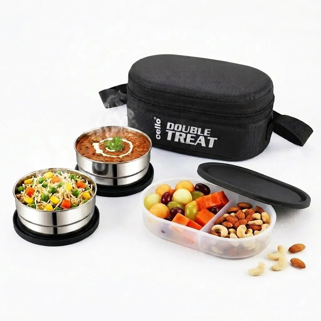 CELLO Double Treat Set of 3 Pcs Lunch Box for Office Use with Jacket Black | 2 x300ml Stainless Steel Containers, 1 x Oval Container| Lightweight Leakproof Airtight Tiffin Box Case For School & Travel