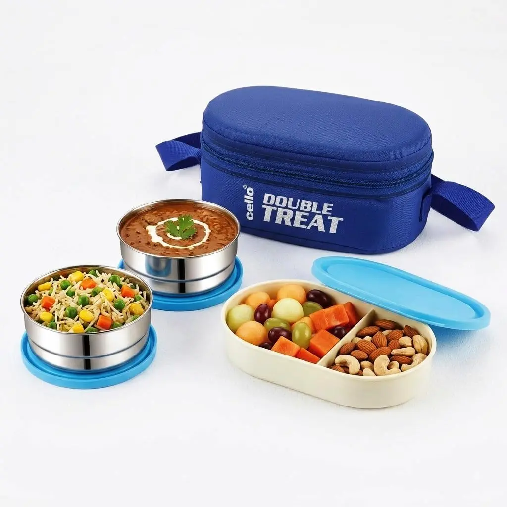 CELLO Double Treat Set of 3 Pcs Lunch Box for Office Use with Jacket Blue | 2 x 300ml Stainless Steel Containers, 1 x Oval Container |Lightweight Leakproof Airtight Tiffin Box Case For School & Travel