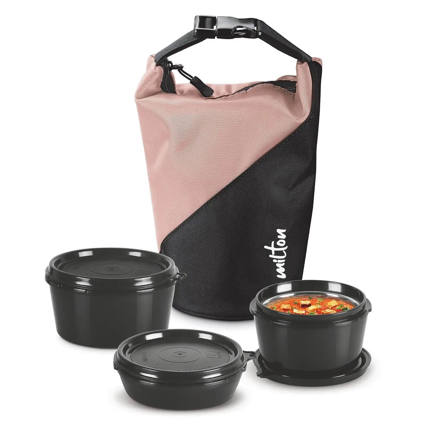 MILTON Micro Meal Lunch Box, 3 Microwave Safe Inner Steel Round Containers (180 ml, 2 X 320 ml Each) with Insulated Bag, Odour Proof Tiffin for Office, Leak-Proof, Easy to Carry, Peach