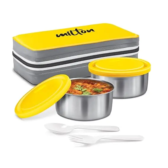 MILTON New Mini Lunch Box with Insulated Bag, 2 Containers (2 Stainless Steel 280 ml Each, Spoon & Fork), Leak-Proof Tiffin for Office, School, College, Yellow